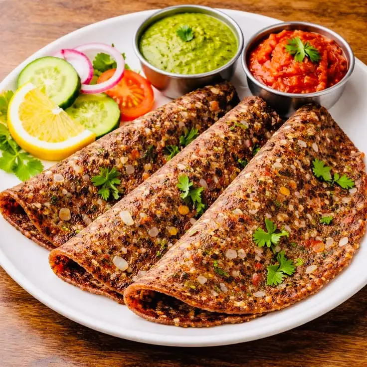 Ragi Chilla: For a quick savory snack, whisk ragi flour with curd, grated carrots, spinach, and basic spices to make instant savory crepes. High in plant protein and dietary fiber, ragi chillas cook within minutes and pair wonderfully with mint chutney.